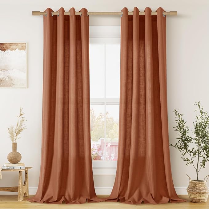 Terracotta 96 Inch Linen Curtains for Sliding Door Living Room Grommet Neutral Farmhouse Boho Light Filtering Semi Sheer Rust Orange Red Curtain Drapes for Bedroom Aesthetic 96 Inches Long 2 Panels