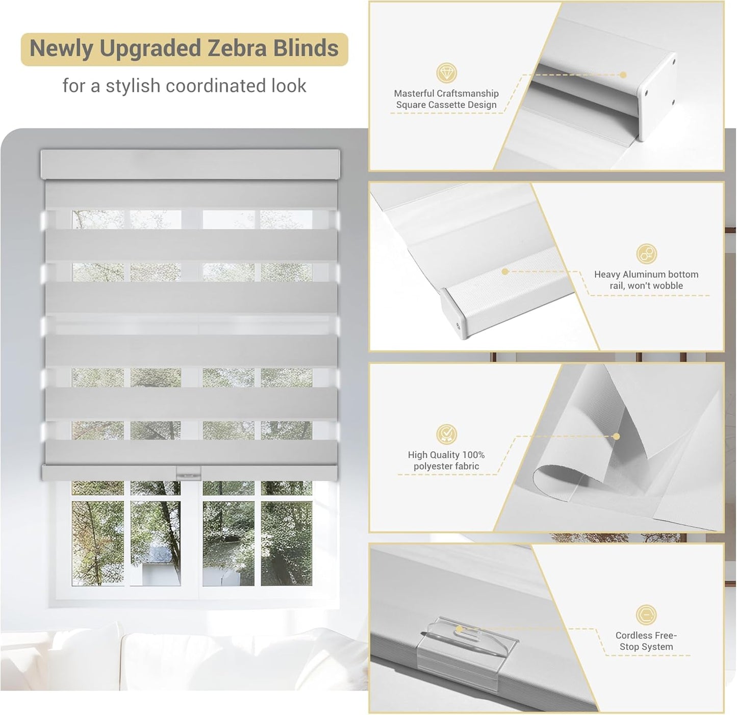 Cordless Zebra Blinds for Windows, Blackout Interior Blinds,Easy to Install,UV Protection,for Offices and Home,Custom Roller Shades, Solid White, 23" W x 64" H