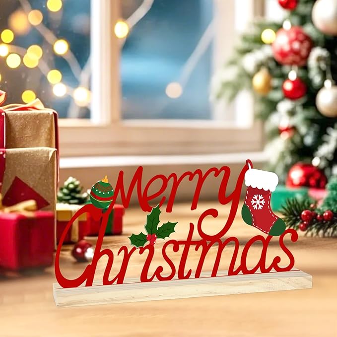 Metal Tabletop Decoration with Wood Base, Holiday Decorations for Home, Office, Shelf, Mantel, Indoor, Xmas Centerpiece Sign for Party Supplies