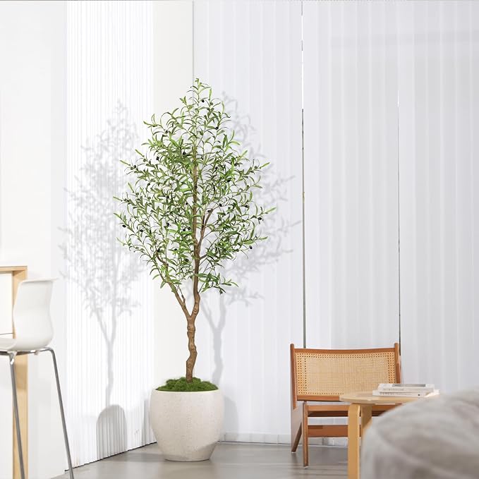 FEELEAD 6FT Faux Olive Tree, Large Olive Trees Artificial Indoor with Natural Wood Trunk & Lifelike Leaves, Tall Artificial Olive Tree with Pot for Home Office Living Room Decor