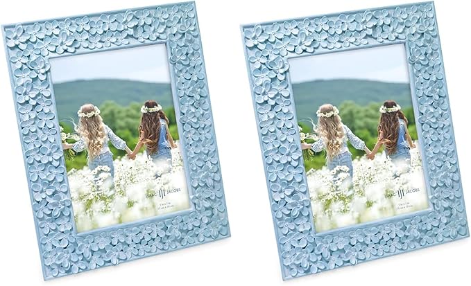Isaac Jacobs 5x7 Blue Flower Textured Hand-Crafted Resin Picture Frame w/Easel & Hook for Tabletop & Wall Display, Decorative Floral Design Home Décor, Photo Gallery, Art (5x7, Blue) (Pack of 2)