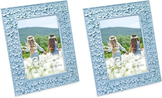 Isaac Jacobs 5x7 Blue Flower Textured Hand-Crafted Resin Picture Frame w/Easel & Hook for Tabletop & Wall Display, Decorative Floral Design Home Décor, Photo Gallery, Art (5x7, Blue) (Pack of 2)