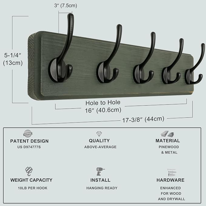 Dseap Coat Rack Wall: Patented, Heavy-Duty, 5-Double-Hooks Wooden Wall Mounted Coat Rack Coat Hanger Hook Rail for Winter Coats Hat Jacket Clothing, Weathered Green