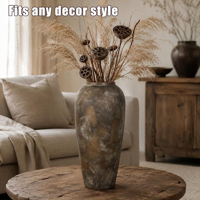 15 Inch Ceramic Rustic Farmhouse Vase, Handmade Pottery Flower Vases for Home Decor, Brown Ceramic Vase for Living Room, Table Centerpieces & Shelf Decor, Wedding Gifts