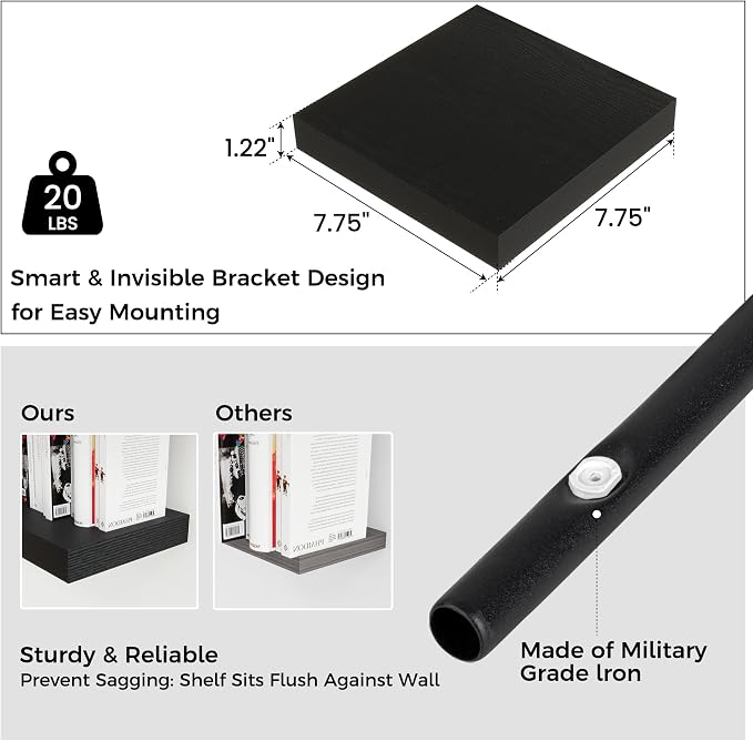 Venusmiles 8"x8" Square Floating Shelves for Wall, Black Finish, 3-Pack | Engineered Wood Wall Shelves with Invisible Brackets for Living Room, Bedroom, Bathroom, Office & Kitchen Storage
