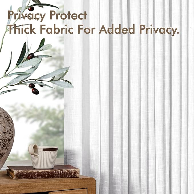 MIULEE Pinch Pleated White Thick Linen Curtains 96 Inches Long 2 Panels, Linen Texture Memory Trained Drapes for Living Room Bedroom, Pinch Pleat Back Tab Light Filtering Farmhouse Window Curtains