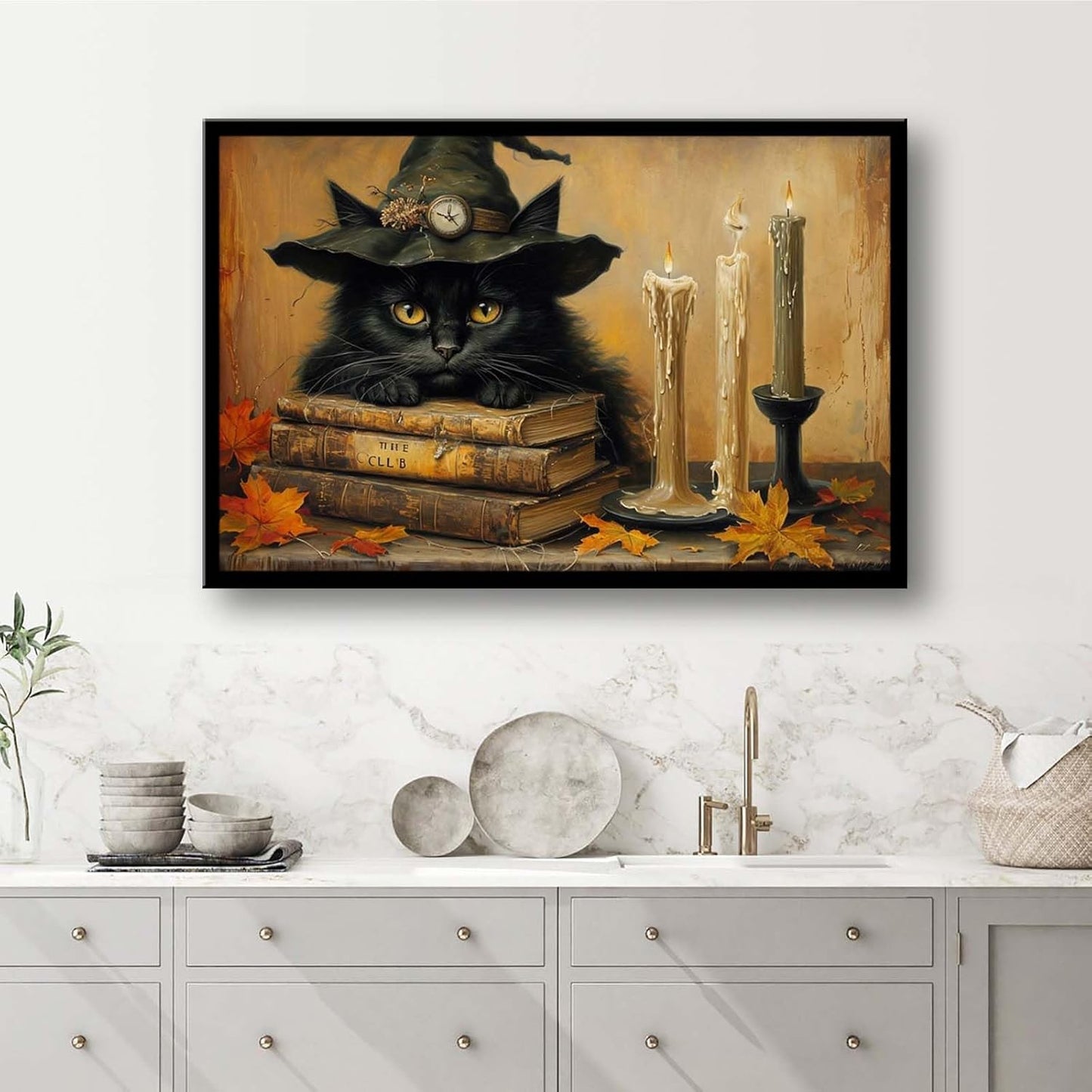JFHCQJPK Vintage Halloween wall decoration black cat and magic book suitable for home bedroom living room decoration dark classic art witch wall decoration8x12in Metal blackFramed