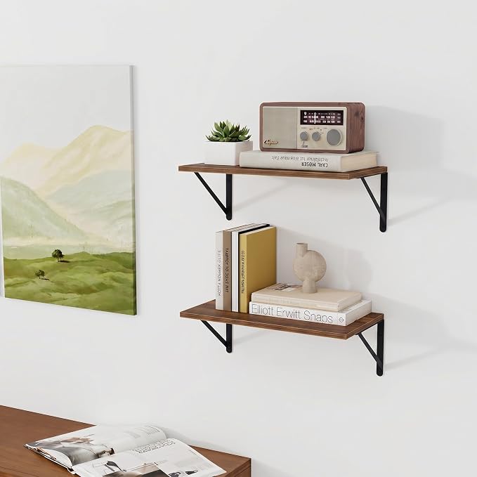 Vivelove 8 Inch Deep Floating Shelves for Wall, 16W x 8D Wood Wall Shelves Set of 3, Walnut Wide Floating Bookshelf for Living Room, Kitchen, Office, Bedroom, with Black Metal Bracke - Walnut