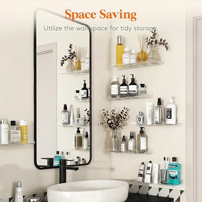 Lifewit Floating Shelves for Bathroom, 15" Acrylic Wall Organizer for Perfume, Makeup, Figures, Nail Polish, Photo, Book, Decor Display Rack for Nursery, Living Room, Bedroom, Kitchen, Clear, 6 Pack