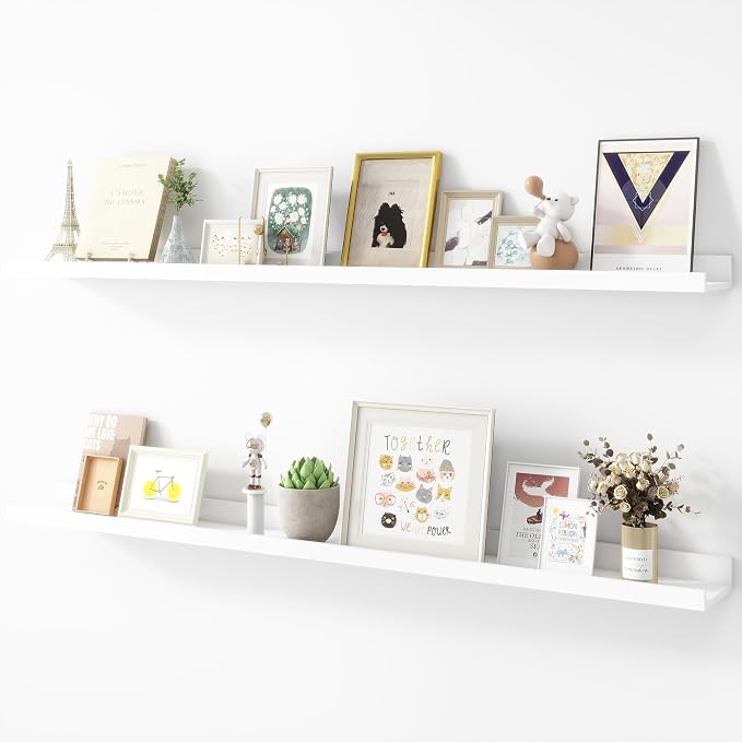Acovy Picture Ledge Shelf, Wood Floating, Set of 2, 48 inch, White | Wall Mounted, For Living Room Kids' Room Bedroom, Photo Ledge Nursery Book Shelves