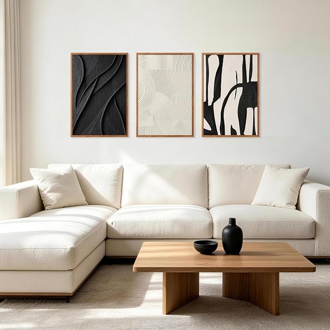 CHDITB 3D Impasto Relief Framed Canvas Wall Art Set, Black White Abstract Curve Geometric Minimalist Wall Decor, Modern Textured Art Prints for Living Room Hallway Bedroom Home Wall Decor 16"x24"x3