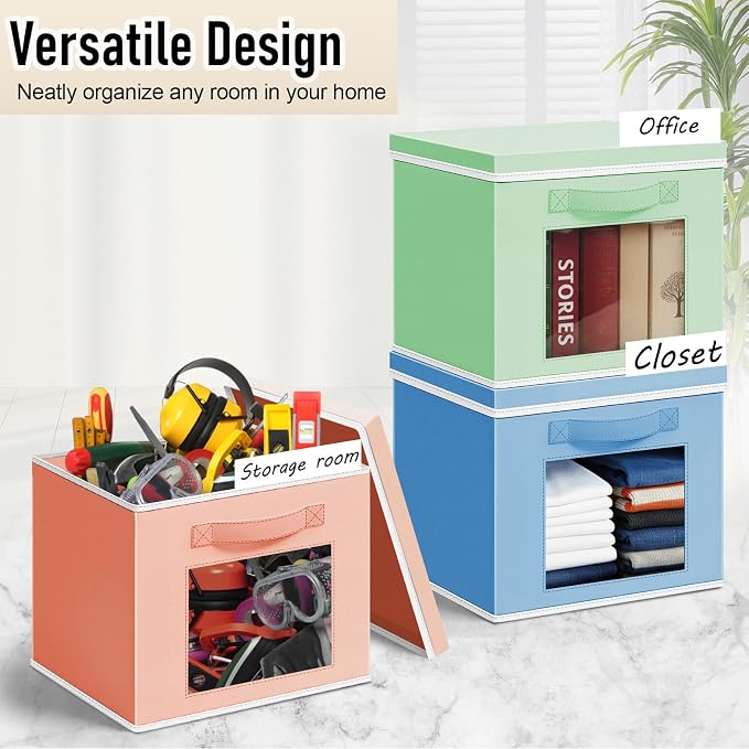 Threehoney 10 Pcs Fabric Storage Cubes with Lids and Clear Windows 11x11 Inch Foldable Closet Organizer Bins Aesthetic Pastel Storage Bins for Shelves Dorm Essentials Craft & Office Organization