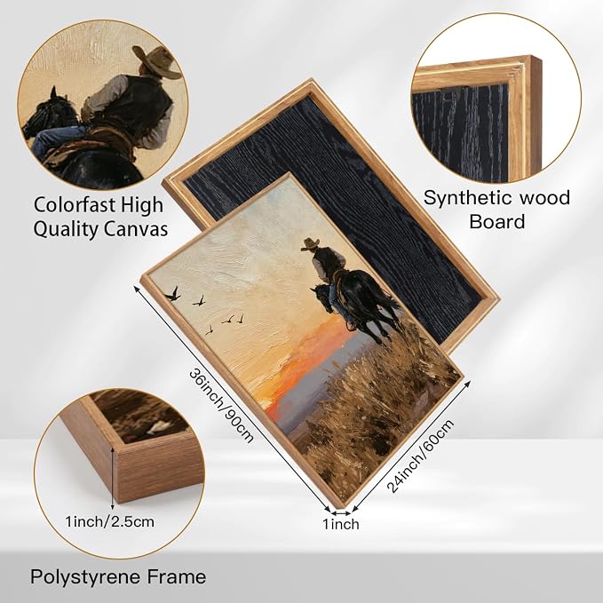 TOARTi Large Framed Western Cowboy Canvas Wall Art Set,Vintage Sunset Landscape Horseback Riding Wall Decor, Rustic Southwestern Art Prints for Farmhouse Living Room Bedroom Office-24”x35”x3