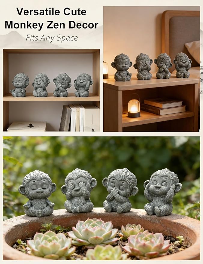 4 Piece Cute Monkey Figurine Set, Sandstone See no Evil,Hear no Evil,Speak no Evil,Do no Evil Statues, Zen Desk/Garden Decor, Mindfulness Animal Accents for Home Office