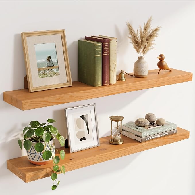 48 inch Floating Shelves for Wall, High End Solid Real Wood Floating Shelf with Heavy Duty Invisible Bracket 48in Long Wooden Wall Shelves for Living Room, Bedroom, Kitchen, Bathroom, Set of 1,Natural