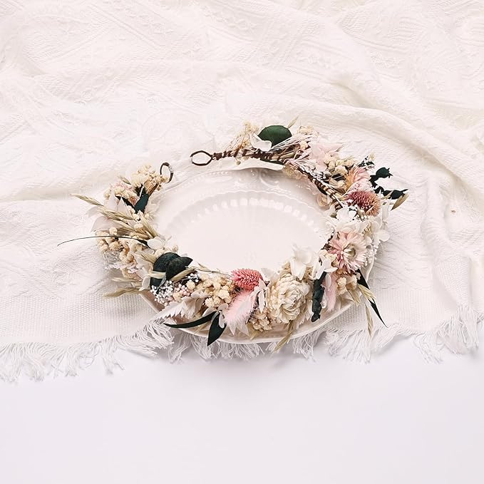 Preserved Natural Dried Flower Crown Rustic Wedding Wreath Headband Pink and White Bohemian Floral Hair Garland for Brides,Family Photo Shoot,Birthday Party,Bridesmaids Flower Girls