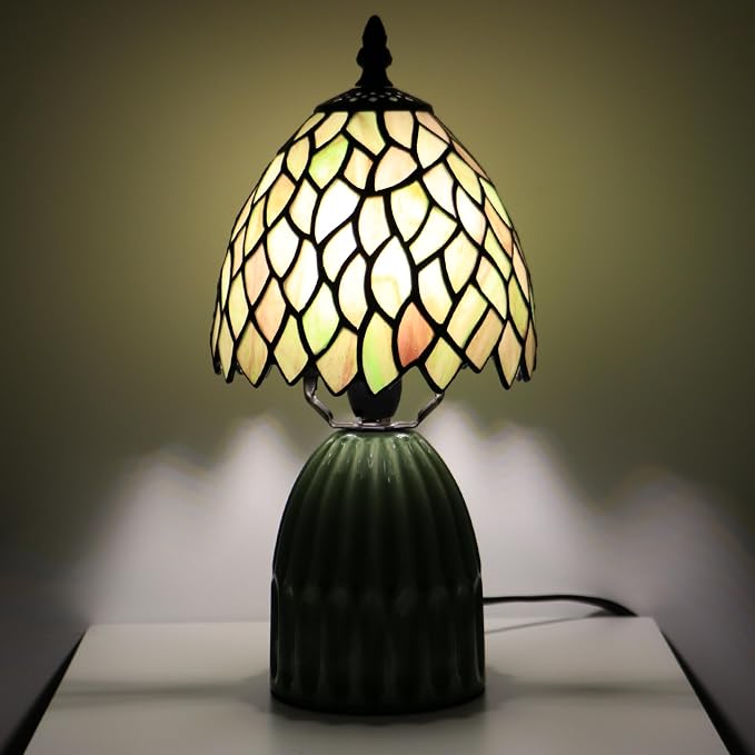 Tiffany Stained Glass Mushroom Table Lamp 12.5 Inch -Brownish Leaf | Tiffany Lamp,6X6X12.5 Inch,Small Night Light,Ceramic Base, Mini Accent Light Suitable,Bedside,Bedroom, Children Room,Antique