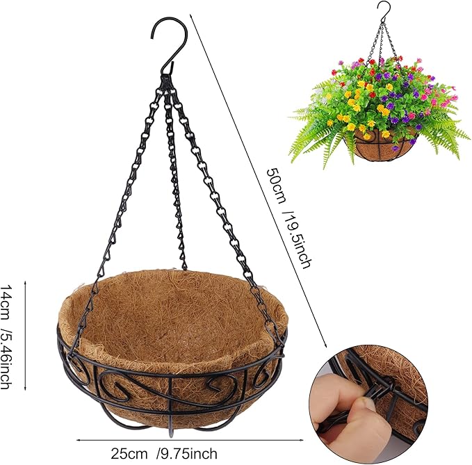 Artificial Fake Hanging Plants Flowers Basket for Outdoor Spring Summer Decorarion, UV Resistant Faux Rose Eucalyptus Boston Ferns Plants for Indoor Outside Garden Porch Patio Balcony Decor
