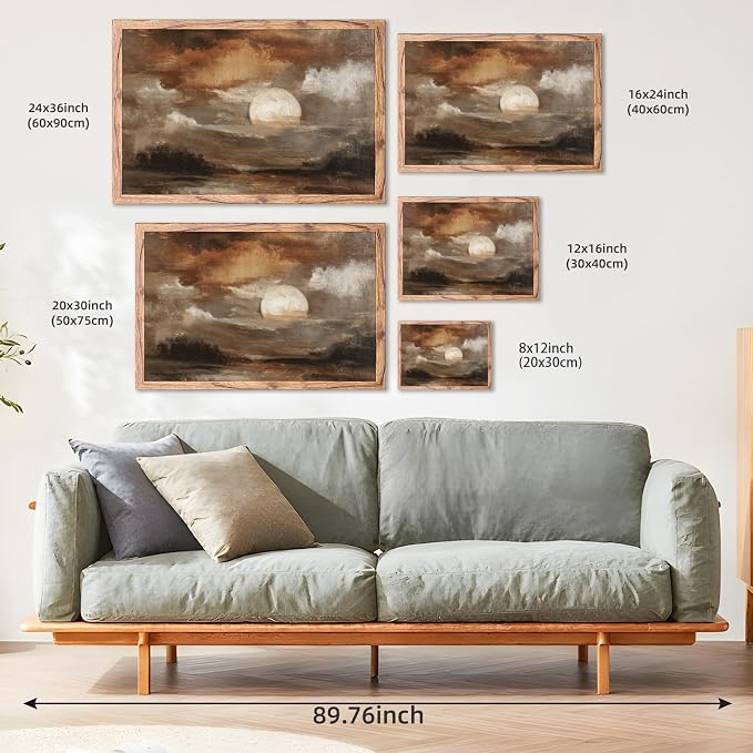 KBBYT Large Framed Wall Art Moody Abstract Moonlit Landscape Poster Canvas Print Vintage Classic Rustic Painting Pictures Wall Decor for Living Room Bedroom Home Decoration 24x36inch Wood Framed