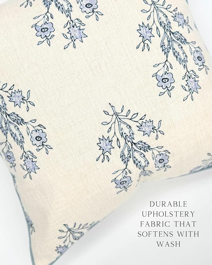 Jillien Harbor "The Mary Block Print Floral Decorative Pillow Cover – Double-Sided Blue & White Periwinkle Accent Pillow Cover – Grandmillennial Home Decor – 26"x26"