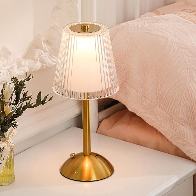 Liliful 1 Pcs Cordless Table Lamp Rechargeable Touch LED Small Gold Portable Battery Operated USB-c Desk Lamp 3 Color Dimmable for Bedroom Living Room Dining (Gold,Hollow Lined Style)