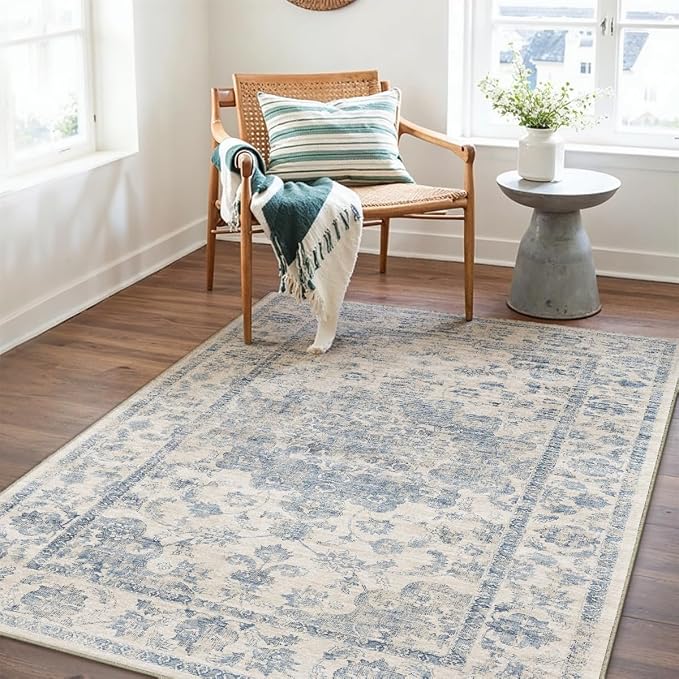 3x5 Washable Neutral Area Rug Blue Vintage Entryway Office Carpet Non-Slip Soft Low Pile Farmhouse Throw Rug for Entrance Living Room Bathroom Dining Room