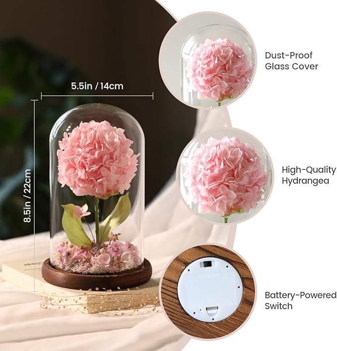 Forever Hydrangeas in Glass Dome,Forever Preserved Flowers Gifts Mothers Day Birthday for Grandma Women Mom Wife,Fresh Flowers for Delivery/Pink Hydrangea