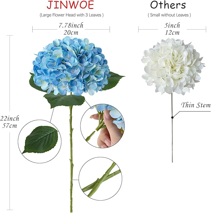 JINWOE Blue Flowers Hydrangea Artificial Flowers, 4Pcs 22" Large Lifelike Silk Artificial Hydrangeas, Full Fake Flowers for Bouquet Table Centerpieces Outdoor Wedding Indoor Home