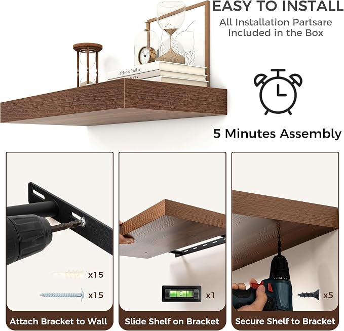 Venusmiles Floating Shelves for Wall, 30 Inch Floating Shelves Set of 2, 6.5" D Wooden Wall Mounted Display Shelves with Invisible Brackets for Living Room, Bedroom, Bathroom, Kitchen Decor, Walnut