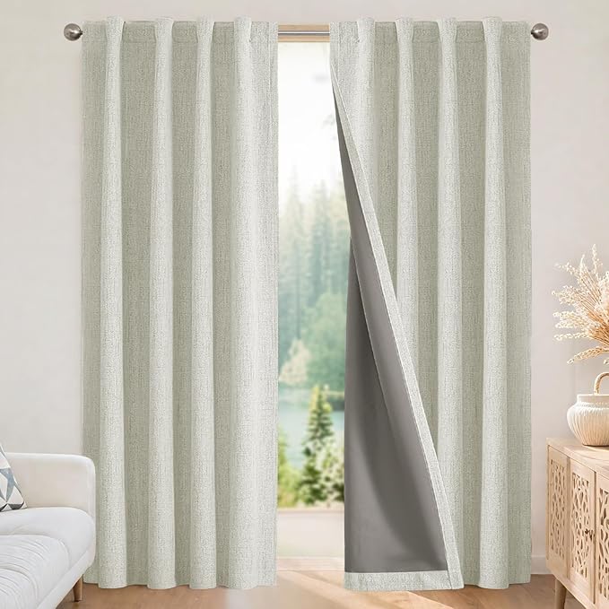 Joydeco Blackout Curtains for Bedroom - 100% Light Blocking 2 Panels Light Beige Drapes 42"W x 90"L, Thermal Insulated Room Darkening Curtains, Linen Textured for Living Room, Rod Pocket & Back Tabs