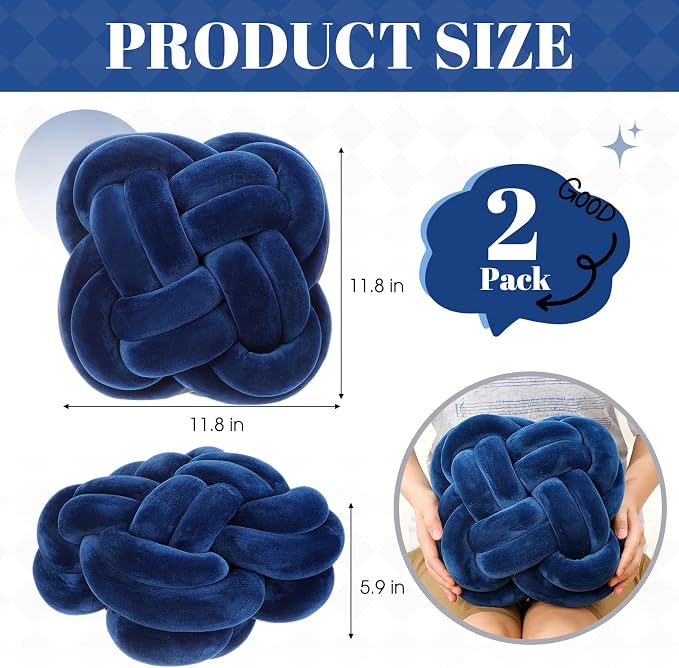 Beeveer 2 Pcs Knot Pillow Balls Set, 12 Inch Soft Decorative Throw Knot Pillow Ball, Large Square Knotted Floor Cushion for Living Room Bedroom Sofa Couch Bed Home Decoration (Navy Blue)