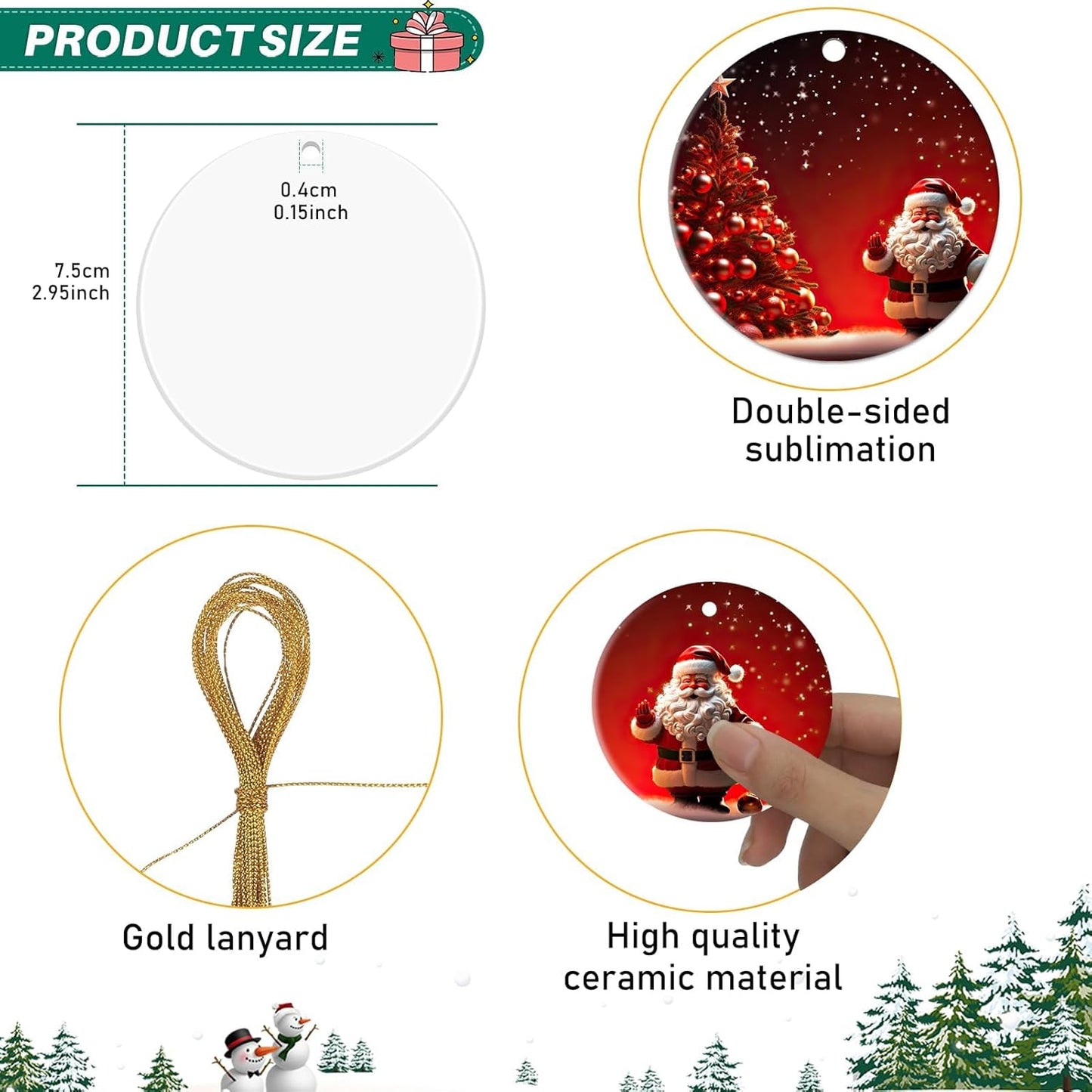 60 Pcs Sublimation Ceramic Ornaments Blank Double-Sided 3 inch Round Sublimation Ornament Blanks for Heat Press Printing Crafting DIY Personalized Christmas Home Decor