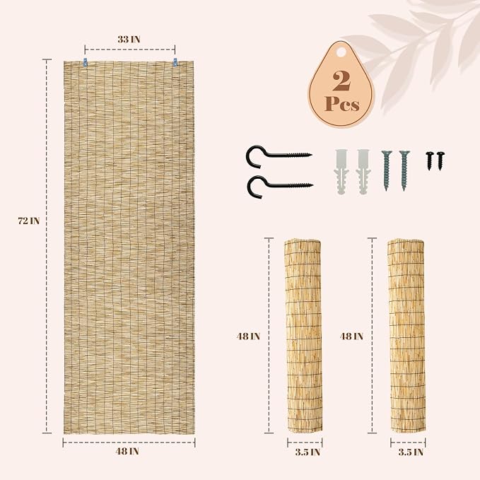 Reed Roller Shades,2 Pcs 48" W x 72" H Waterproof Privacy Screen Bamboo Outdoor Blind, Reed Curtain for Porch, Patio, Yard, Windows (Natural)
