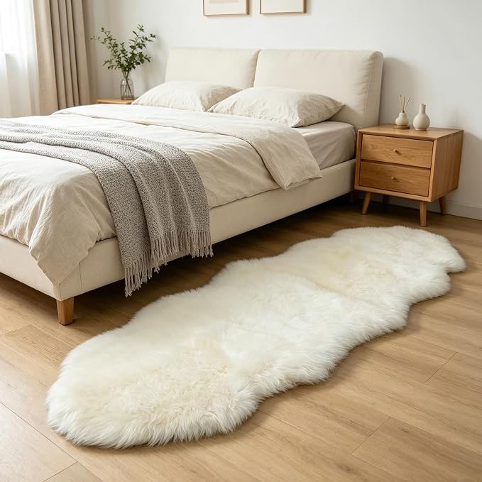 Genuine Sheepskin Rug New Zealand Luxury Lambskin Rug, Natural Fluffy Sheepskin Throw for Bedroom Living Room Children's Room - Premium Area Rug Chair Cover (2×6 Feet, Cream White)
