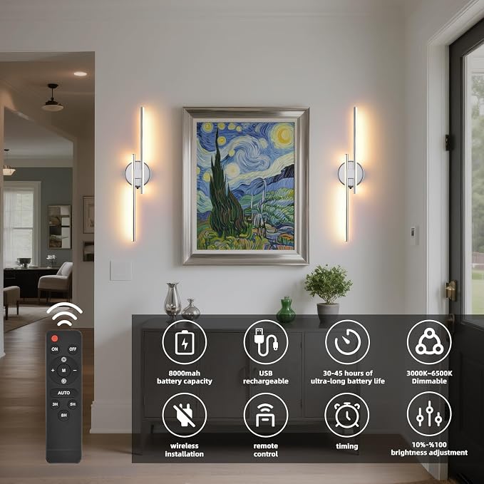 Rechargeable Battery Operated Wall Sconce Set Of Two, Chrome Wireless LED Wall Sconces With Remote Control, Dimmable 3 Colors Cordless wall lights for Living Room, bedroom, Hallway, 23.6 Inch ( 2pcs)