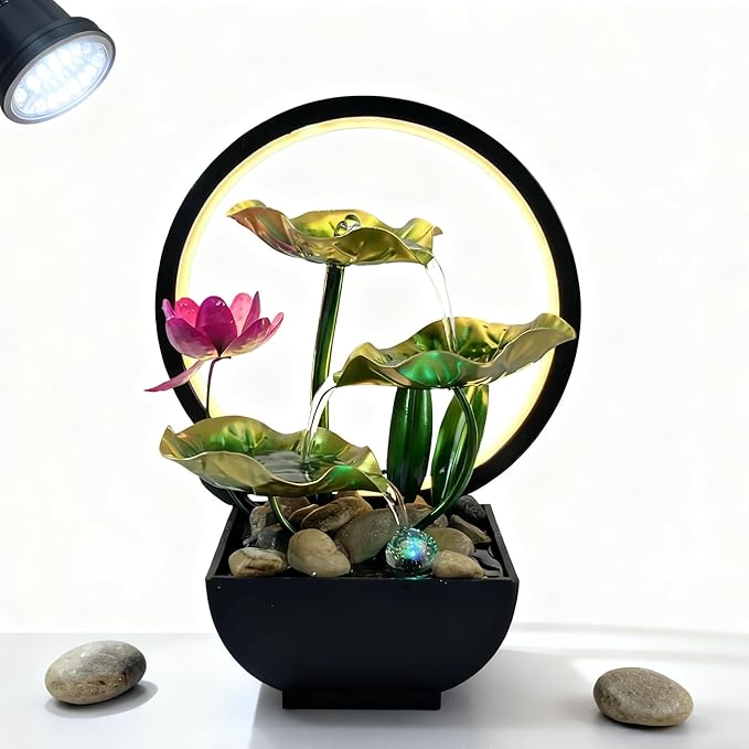 AOZITA Tabletop Fountain, Indoor Waterfall Fountain, Small Home Décor Zen Relaxation Soothing Sound Machine for Office, Living Room, or Bedroom, Green Metal Lotus with Flower, River Rocks, Round LED