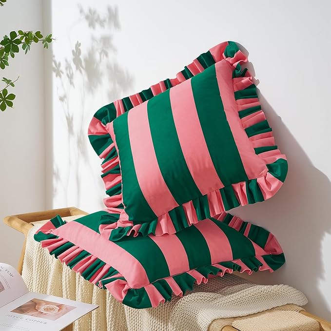 MONDAY MOOSE Decorative Throw Pillow Covers, Set of 2 Water-Resistant Striped Design with Ruffle Edge for Outdoor/Indoor Use, Pillow Inserts Not Included (16x16 inch, Pink/Dark Teal)