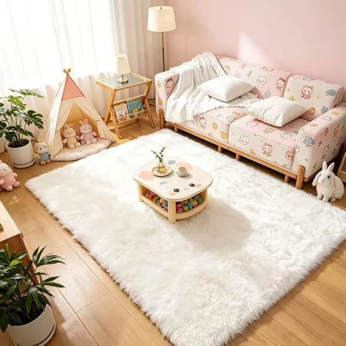 Faux Fur Rug White Sheepskin Area Rug,Ultra Soft 4x6 ft Rectangular Shaggy Plush Rug for Bedroom Sofa Floor Bedside Living Room Kids Room