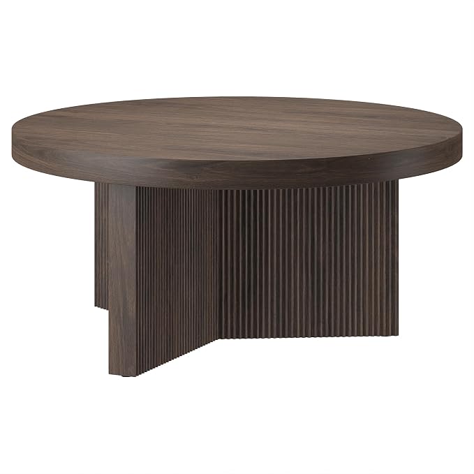 Henn&Hart 32" Fluted Round Low-Profile Coffee Table with Ribbed Pedestal Base Living Room, Family Room, Office, or Apartment, Rich Brown