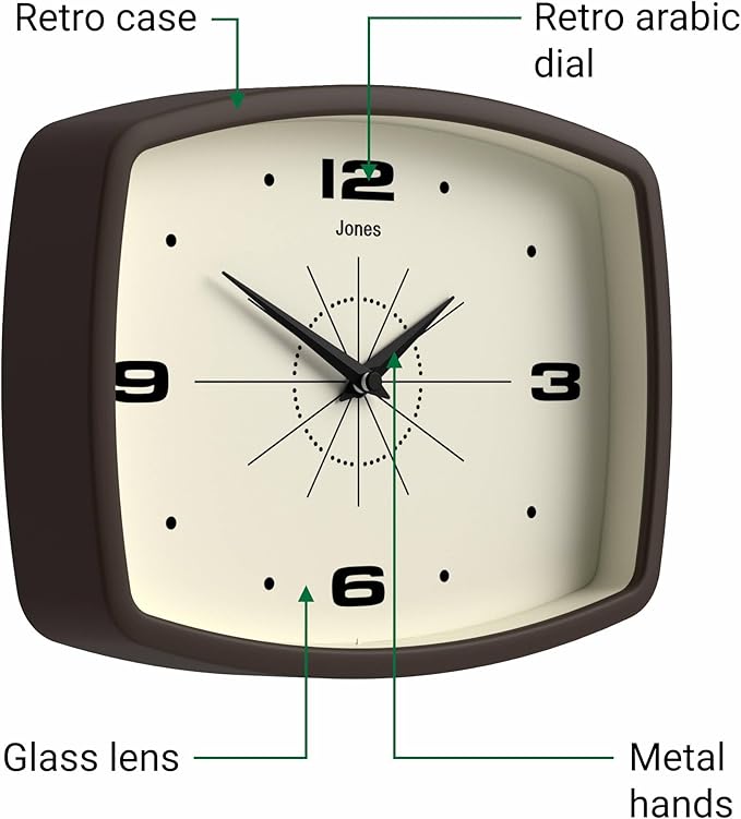 JONES CLOCKS® Movie wall Clock | Retro Rectangular Clock | 10 inch | Mocha Brown | Cool mid-Century Designer Look for Kitchen, Living Room or Office