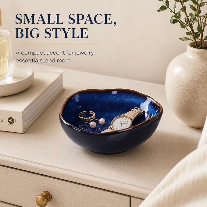 6" Blue Ceramic Decorative Bowl, Key Bowl for Entryway Table, Candy Dishes, Salad Bowl, Fruit Bowl for Kitchen Counter, Blue Small Jewelry Trinket Dish for Bedroom, Bedside Table, Living Room