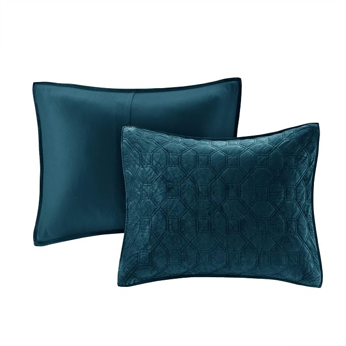 Madison Park Harper Quilt Set Velvet Casual Geometric Stitching Design All Season, Lightweight Coverlet, Cozy Bedding, Matching Shams, Full/Queen(90"x90"), Teal 3 Piece