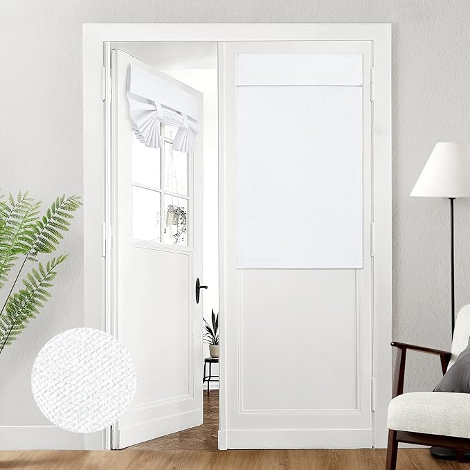 HOMEIDEAS 100% Linen Blackout French Door Curtains, Privacy Door Window Curtains, 26 X 40 Inch Room Darkening Blinds, Thermal Insulated Shades for Bedroom, 1 Panel, Pure White