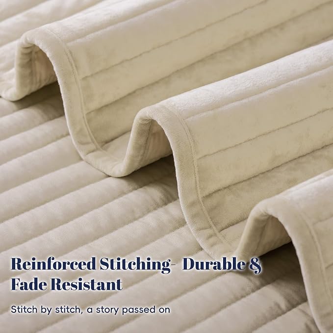 PHF Luxury Velvet Quilt Set King Size – 3PCS Ultra Soft Quilted Comforter Alternative with Striped Channel, Cozy Quilted Bedspread, 1 Coverlet with 2 Matching Shams, 108" x 92", Sand