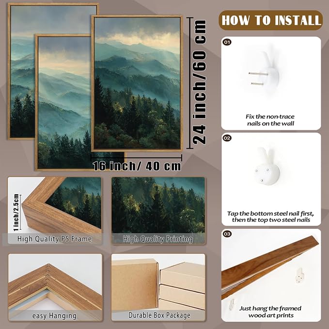 QTUSYUR Sage Green Mountain Wall Art - Large Farmed Pine Forest Landscape Art Print - Abstract Nature Adventure Artwork for Farmhouse Bedroom Living Room- Misty Mountains Triptych Decor 16”×24”×3