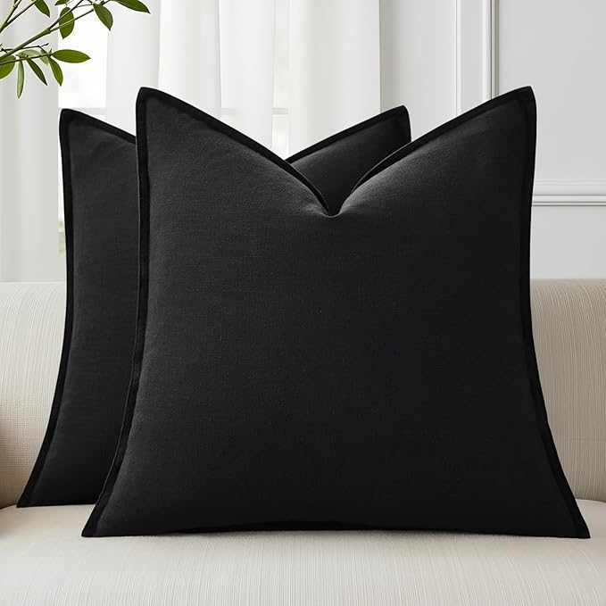 decorUhome Summer Decorative Linen Throw Pillow Covers 20x20 Inch Set of 2 Black Pillow Covers with Flange Edges Soft Farmhouse Boho Accent Pillow Cases for Couch Bed Living Room