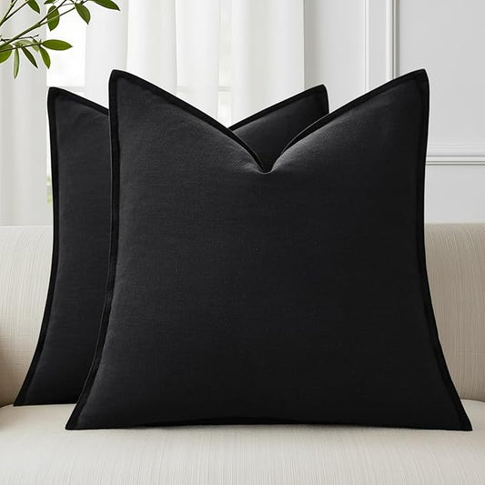 decorUhome Summer Decorative Linen Throw Pillow Covers 20x20 Inch Set of 2 Black Pillow Covers with Flange Edges Soft Farmhouse Boho Accent Pillow Cases for Couch Bed Living Room