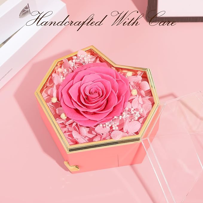 Preserved Pink Real Rose with Necklace Forever Flowers Diamond shaped Box for Mom Wife Girlfriend Grandma on Mothers Day Birthday Valentines Christmas Anniversary Beatiful Gifts for women