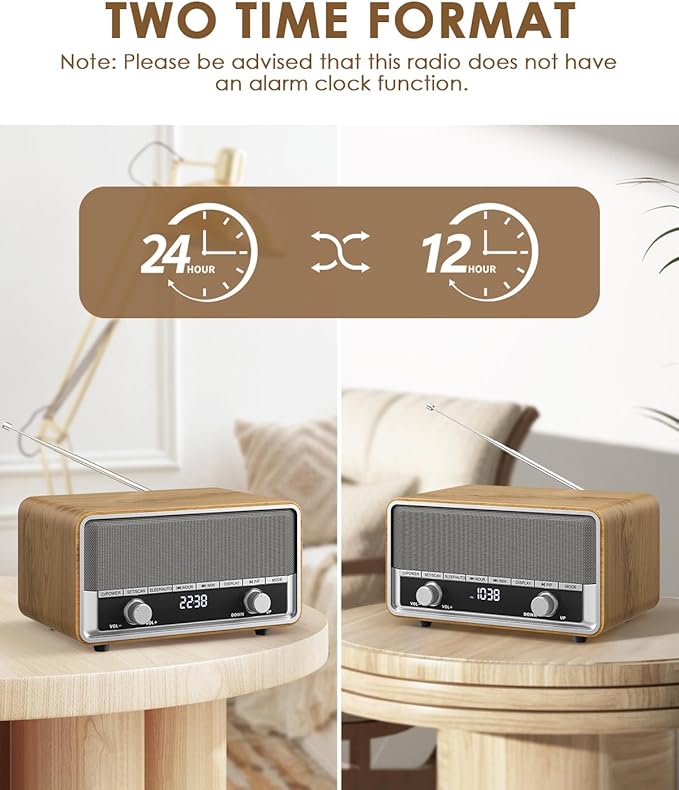 Vintage Wood AM FM Bluetooth Radio with Clock, Digital Clock Radio for Bedroom with LCD Display | 40 Presets | Sleep Timer | No Alarm, Retro Bluetooth Speaker for Office, Kitchen (Light Walnut)