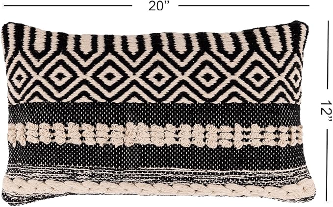REDEARTH · Boho Textured Throw Pillow Cushion Covers - Cotton Lumbar Woven Tufted Decorative Farmhouse Cases Set for Couch, Sofa, Chair, Dining, Outdoor (12"x20", Char Delineate Black) Pack of 2